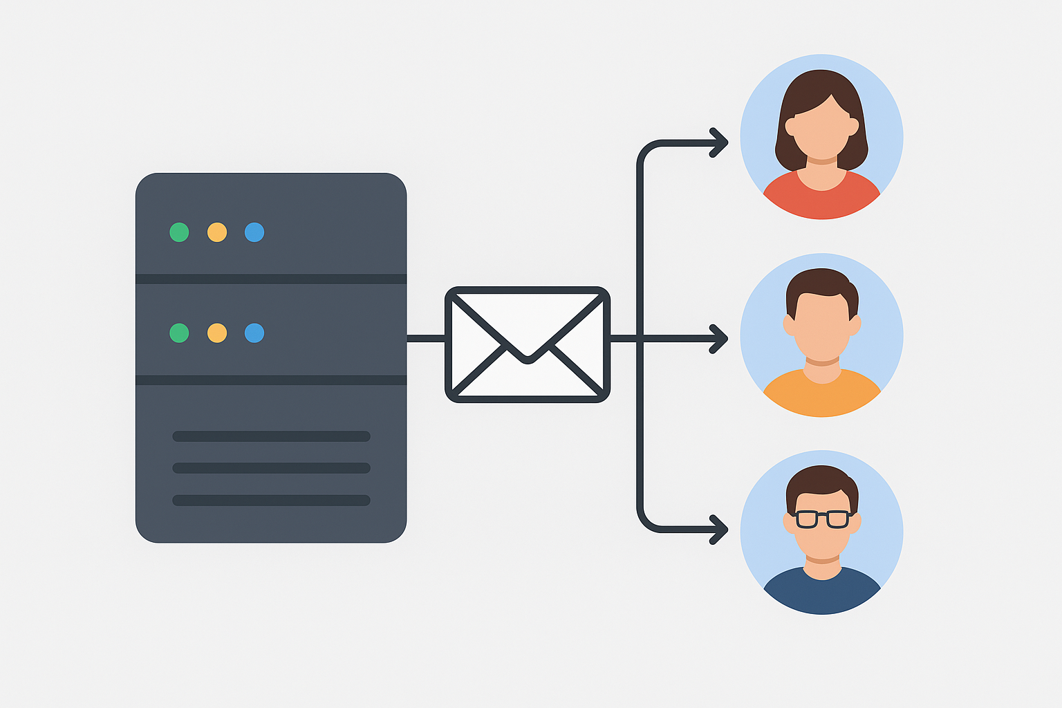 Email campaign workflow showing server sending emails to multiple recipients